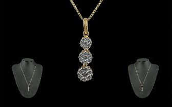 18ct Gold - Pleasing Quality and Attractive 3 Diamond Set Cluster Design Drop Pendant - Attached