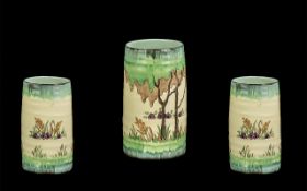 Clarice Cliff 1930s Hand Painted Cylindrical Small Vase 'Taormina' Design, Bizarre range, script