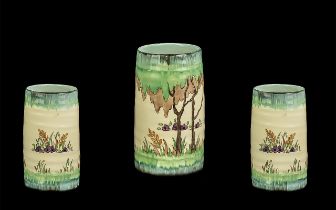 Clarice Cliff 1930s Hand Painted Cylindrical Small Vase 'Taormina' Design, Bizarre range, script