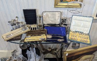 Two Boxes of Silver Plated Ware, including cake stand, boxed serving sets, salad servers,