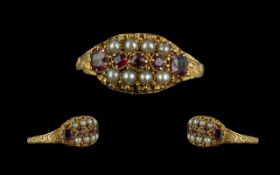 Ladies Antique Period Attractive 15ct Gold Pearl and Garnet Set Ring, Excellent Design. Full