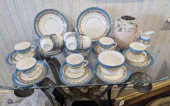 Vintage China Tea Service, white porcelain decorated with azure blue and gilt pattern, 12 piece