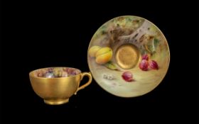 Royal Worcester Signed and Hand Painted Small Cup and Saucer ' Fruits ' Stillife. Signed H.