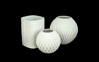 Three West German Thomas Modernist 1960's Op Art White Porcelain Vases, two round vases measure