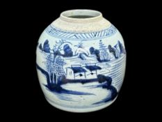 Antique Chinese Glazed Jar, blue design of fisherman and houses, measures 7'' tall.