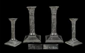 Edwardian Period 1902 - 1910 Excellent Pair of Sterling Silver Corinthian Column Candlesticks,