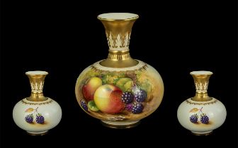 Royal Worcester Small Hand Painted and Signed Bulbous Vase ' Fruits ' Stillife - Apples, Berries.