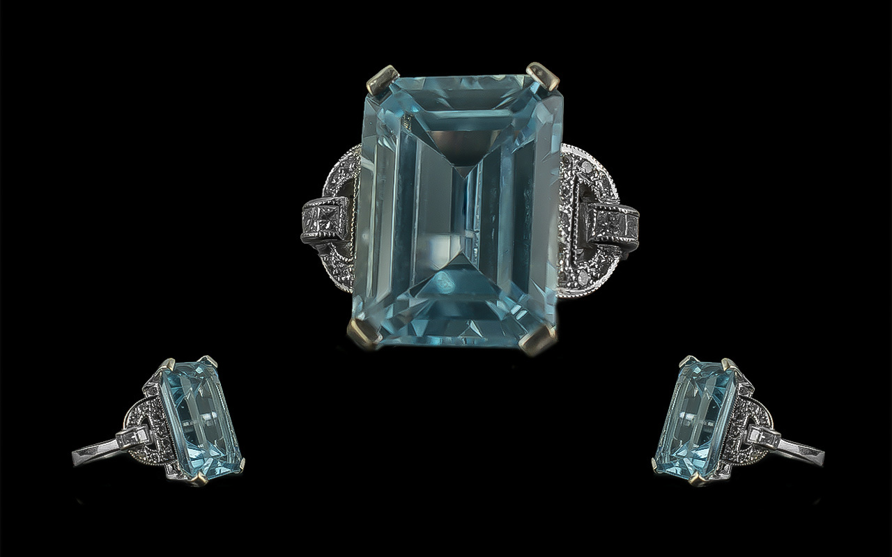 Ladies - Superb Quality 18ct White Gold Aquamarine and Diamond Set Dress Ring, Full Gold Marks to