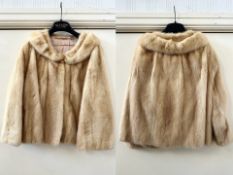 Mink Jacket, honey coloured, fully lined in sateen, two side slit pockets, hook and eye