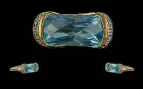 9ct Gold Attractive Aquamarine and Diamond Set Ring. Full Hallmark to Interior of Shank.