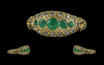 Antique Period Attractive 18ct Gold Emerald and Diamond Set Ring. Marked 18ct to Interior of