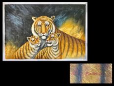 Two Large Oil on Canvas Unframed Paintings, one depicting a tiger and two cubs, the other a mountain