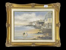 Original Oil on Canvas Painting of St Ives, depicts a sandy bay and cottages and figures. Overall