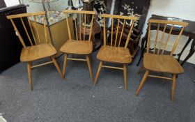 Four Ercol Spindle Fan Back Kitchen Chairs, elm, turned supports.