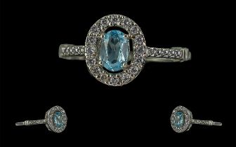 18ct Gold - Attractive Aquamarine and Diamond Set Dress Ring. Full Hallmark to Interior of Shank.