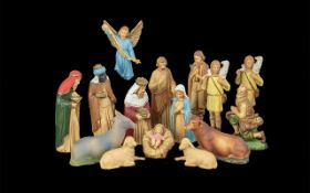 15 Piece Nativity Set, Individual Pieces Made In Plastic From Hong Kong, Circa 1950's. Tallest