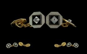 A Fine Pair of 18ct Gold Black Enamel and Diamond Set Cufflinks ( Stylish ) Both Marked 18ct. c,