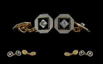 A Fine Pair of 18ct Gold Black Enamel and Diamond Set Cufflinks ( Stylish ) Both Marked 18ct. c,