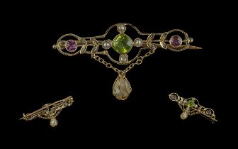 Antique Period 9ct Gold - Attractive Suffragette Brooch with Pearl Drop, Excellent Colours. Marked