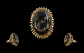 Large and Impressive 9ct Gold Single Stone Smoky Topaz Set Statement Ring, full hallmark to shank,