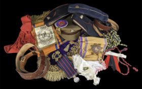 Collection of Military Items, Includes Caps, Hats, Elaborate Sash Belts etc.