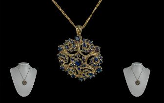 Ladies - Ornate / Attractive 9ct Gold Circular Sapphire Set Brooch and Pendant with Attached 9ct