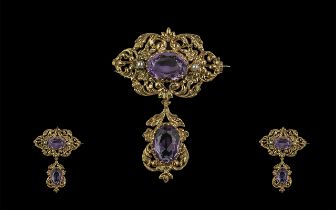 Antique Period - Superb 18ct Gold Amethyst and Pearl Brooch with Drop, Very Pleasing Ornate