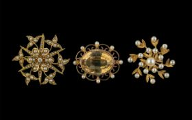 Antique Period Fine Trio of 9ct & 18ct Gold Pearl and Gem Set Brooches. Features 18ct Gold Seed