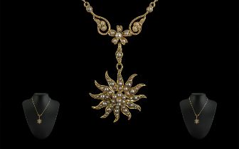 Antique Period - Attractive Ladies 9ct Gold Seed Pearl Set Star burst Ornate Necklace, Excellent