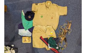 Vintage Scout Uniform comprising shorts and shirt, together with neck scarves, toggles, a school