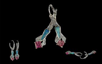 Ladies Fine Pair of Attractive 14ct White Gold Opal and Diamond Set Drop Earrings. Marked 14ct.