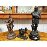 Bronzed Effect Cavalier Statue with Horse, height 7.5'', together with two spelter figures, one of a