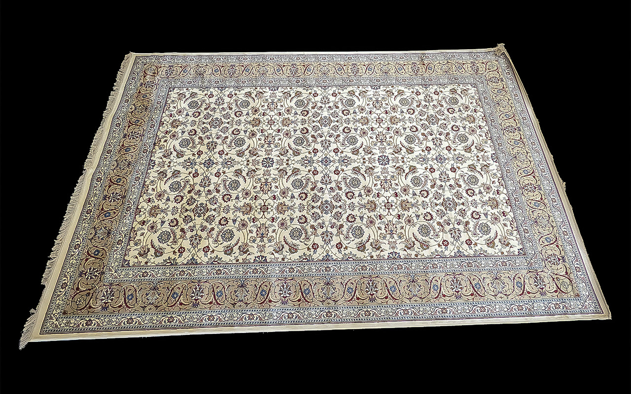 Cream Ground Full Pile Cashmere Carpet, all over floral design, with gold belcher, measures 2m x