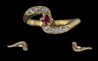 Antique Period Ladies - 18ct Gold Attractive Diamond and Ruby Set Ring. Not Marked but Tests High Ct