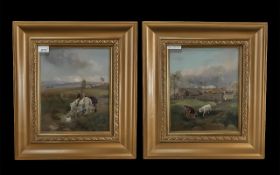 Two Hugh Berry Scott Oil on Canvas Paintings, one depicting farm scenes and barns, the other