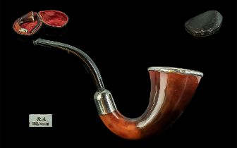 Victorian Period 1837 - 1902 Gentleman's Silver and Horn Pipe with Leather Pipe Case. Hallmark