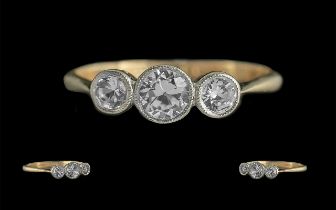 Antique Period Attractive 9ct Gold and Platinum Pave Set Three Stone Diamond Ring, marked 9ct and