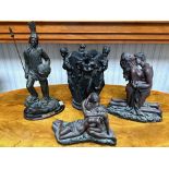 Group Of Four Modern Bronzed Effect Figures, Comprising The Four Graces Vase, Two Embracing Lovers