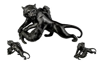 Japanese Meiji Period 1864 - 1912 Fine Signed Bronze Group Figure. Depicts a Tiger Fighting with Two