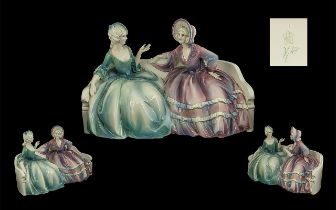Hertwig and Co Katzhutte Hand Painted Large Porcelain Figure ; Two Ladies Sitting on a Sofa ' Issued