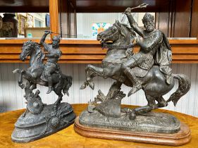 A Large Spelter Figure Depicting Edward III on a rearing horse, raised on an oak base, measures