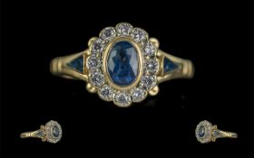 Antique Period - Attractive Pleasing 14ct Gold Sapphire and Diamond Set Cluster Ring. Marked 585