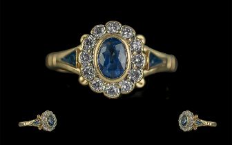 Antique Period - Attractive Pleasing 14ct Gold Sapphire and Diamond Set Cluster Ring. Marked 585