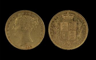 Queen Victoria 22ct Gold Young Head - Shield Back Full Sovereign, date 1885, Melbourne Mint, Toned -