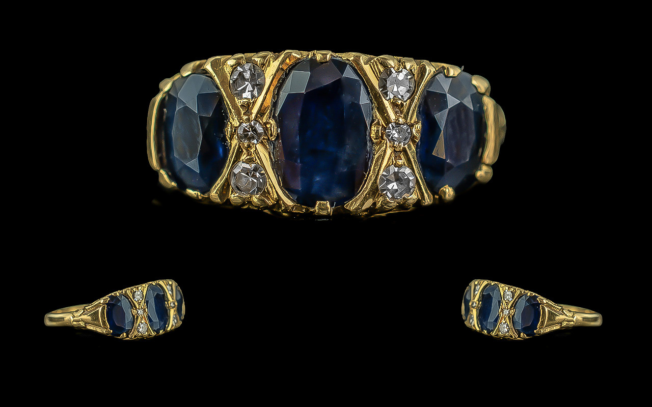18ct Gold - Attractive Blue Sapphire and Diamond Set Ring, Ornate Gallery Setting. Full Hallmark for