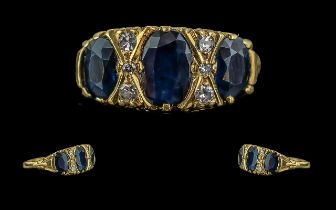 18ct Gold - Attractive Blue Sapphire and Diamond Set Ring, Ornate Gallery Setting. Full Hallmark for