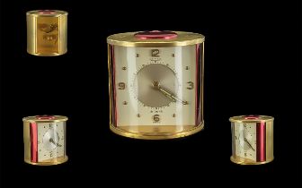 Jaeger - Le - Coultre 1930's Miniature Circular Form Desk Top 8 Days Alarm Clock, Gold and Red