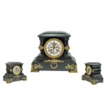 Belgium Black Slate Mantle Clock of architectoral form, brass mounts.