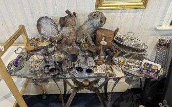 Good Box of Miscellaneous Items, including binoculars, silver plate, cruet stand, miniature cuckoo