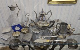 Large Box of Silver Plated Items. Includes Claret Jug, Teaset, Glass etc. Please See Photo.